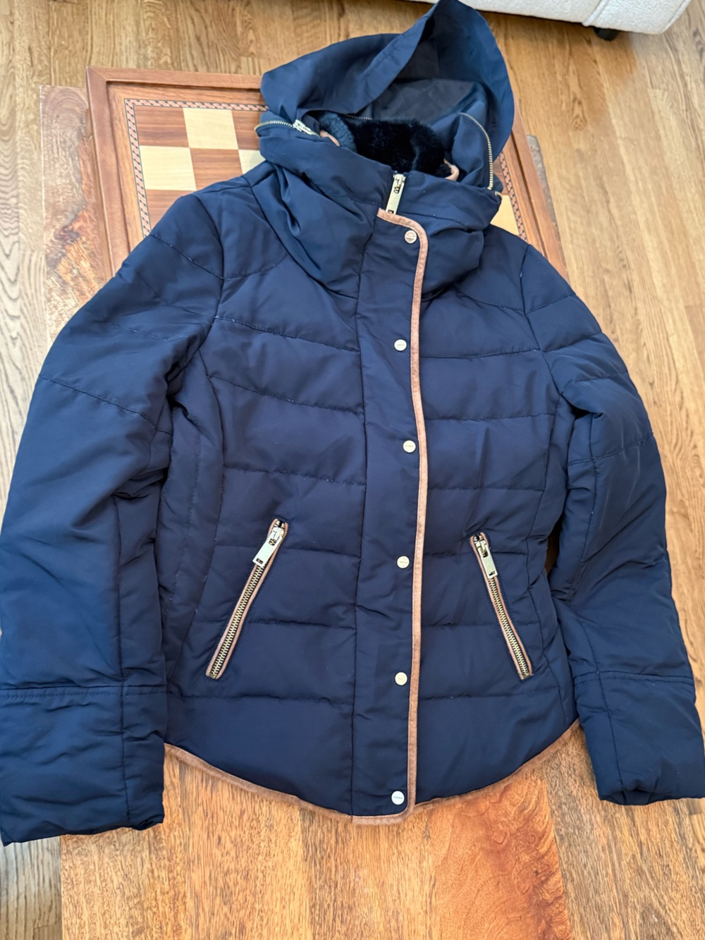 Zara Puffer Winter Jacket with fur and interior insulation, size XS